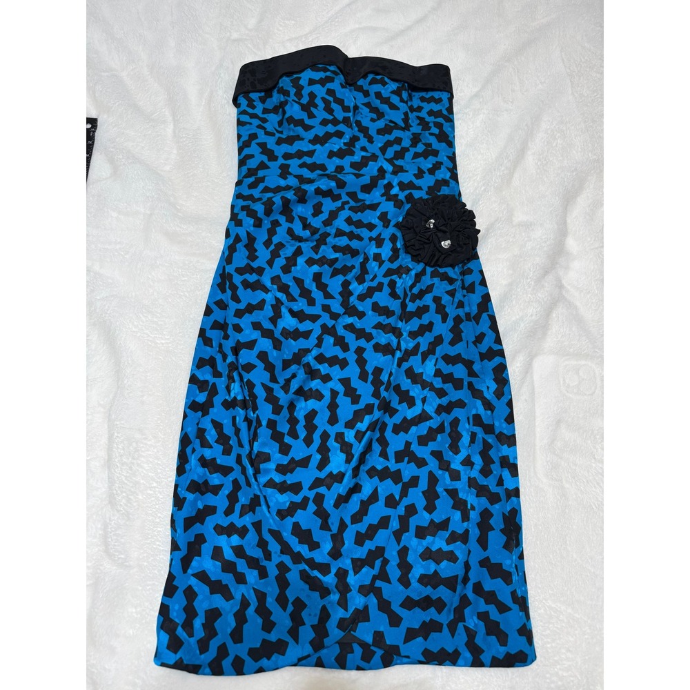 Vintage Cocktail Mini Dress Strapless Silk Sz 4 Blue Black Geometric 80s Glam - Picture 12 of 14